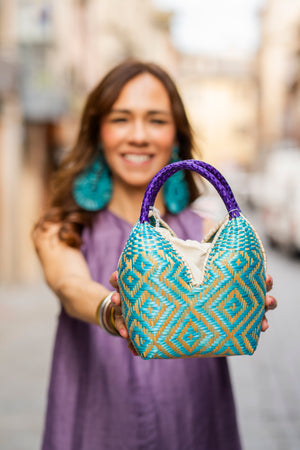 Bolso de Palma Natural Tetera ( Turquesa-Morado) Bolso de Palma Natural Tetera ( Turquesa-Morado)