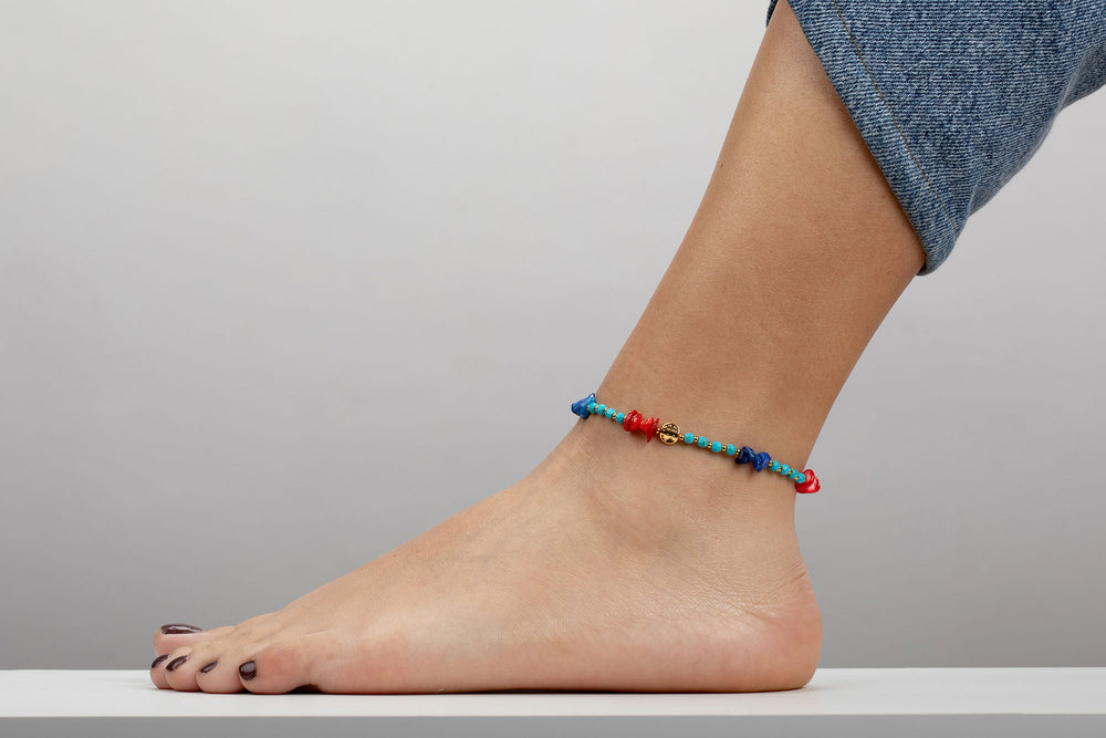 Tobillera Trozos de Coral Turquesa