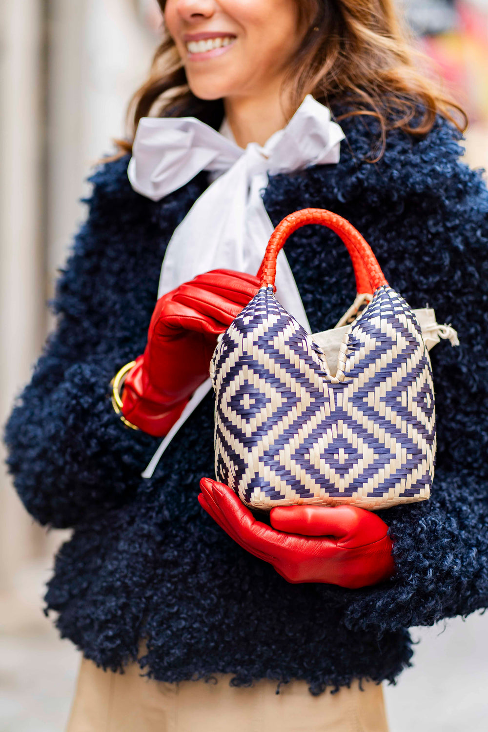 Bolso de Palma Natural Tetera ( Marino- Rojo)