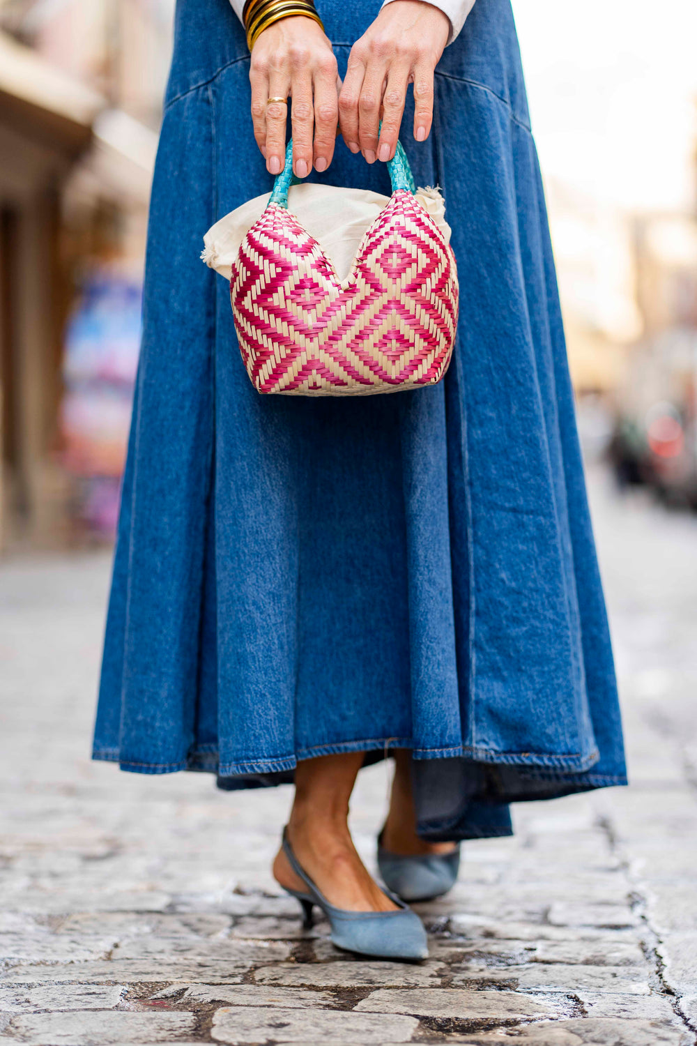 Bolso de Palma Natural Tetera ( Fucsia-Turquesa)