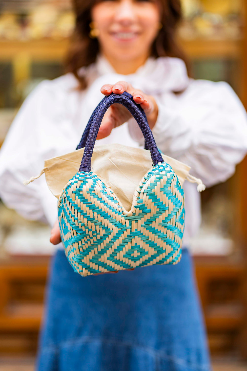 Bolso de Palma Natural Tetera ( Turquesa-Azul)