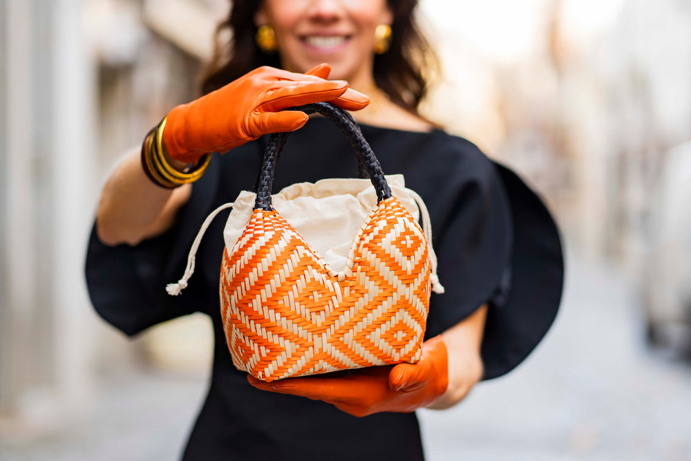 Bolso de Palma Natural Tetera ( Negro-Naranja)
