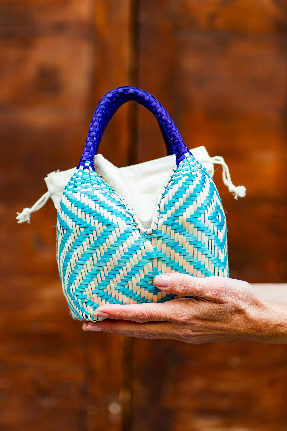 Bolso de Palma Natural Tetera ( Turquesa-Morado)