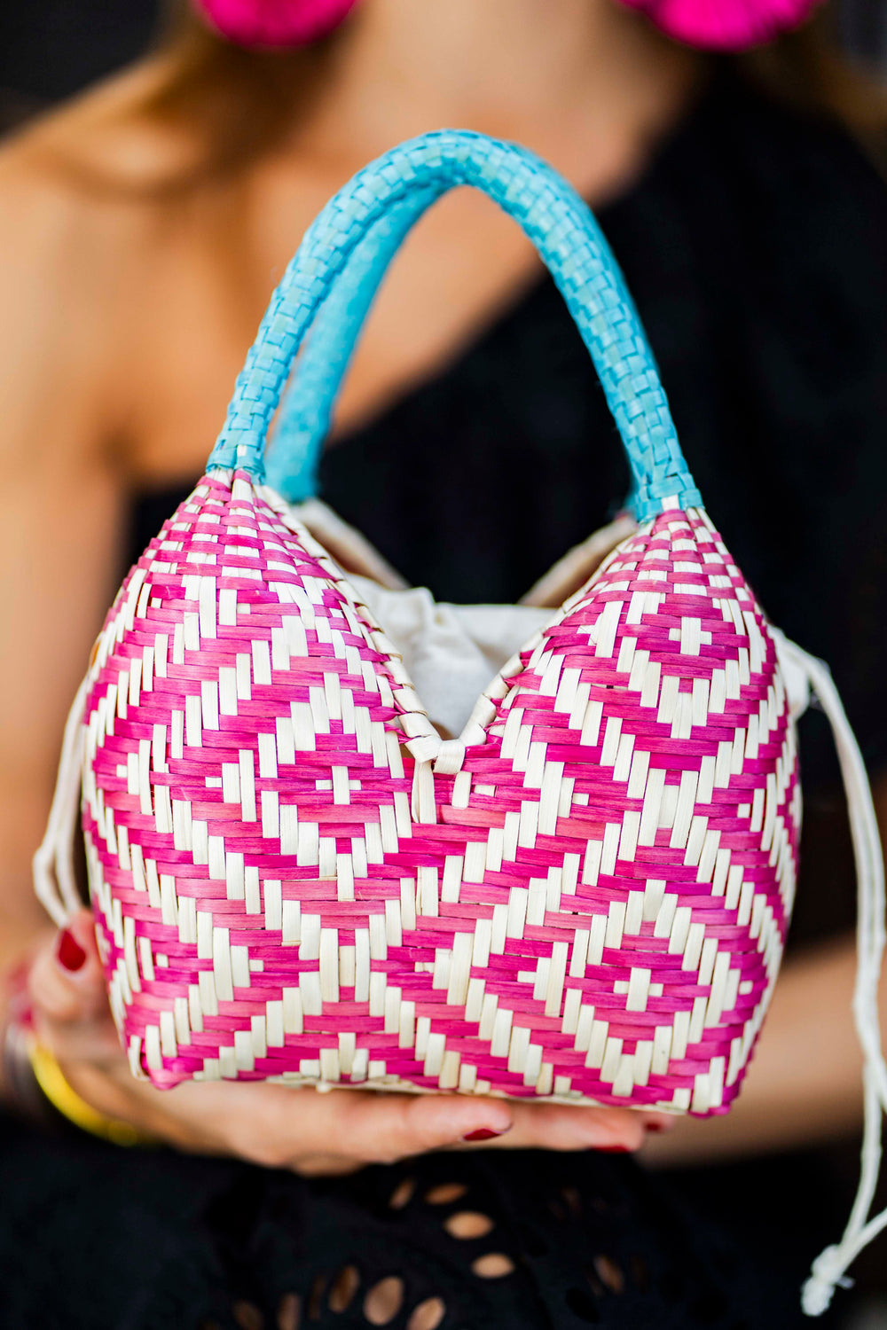 Bolso de Palma Natural Tetera ( Fucsia-Turquesa) - Mamen Aceña