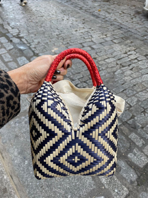 Bolso de Palma Natural Tetera ( Marino- Rojo)
